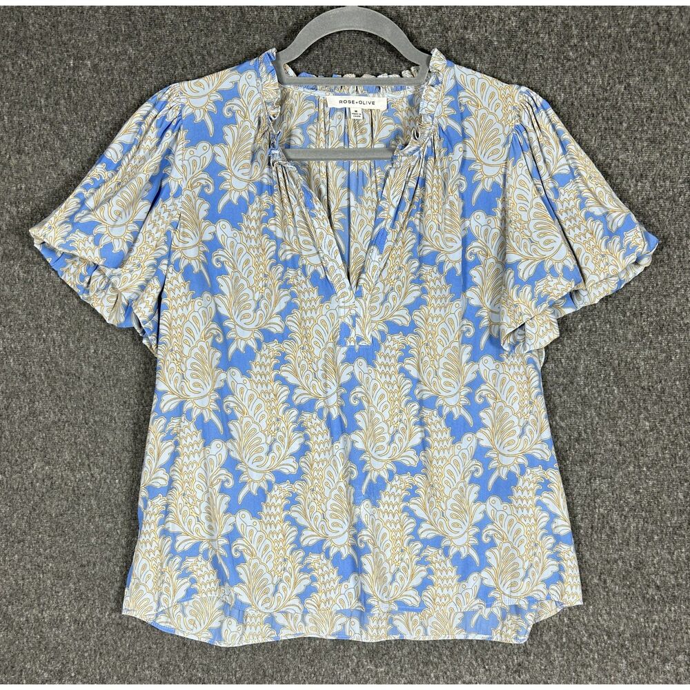Rose + Olive Paisley Split V-Neck Ruffle Sleeve Blouse Size Medium
